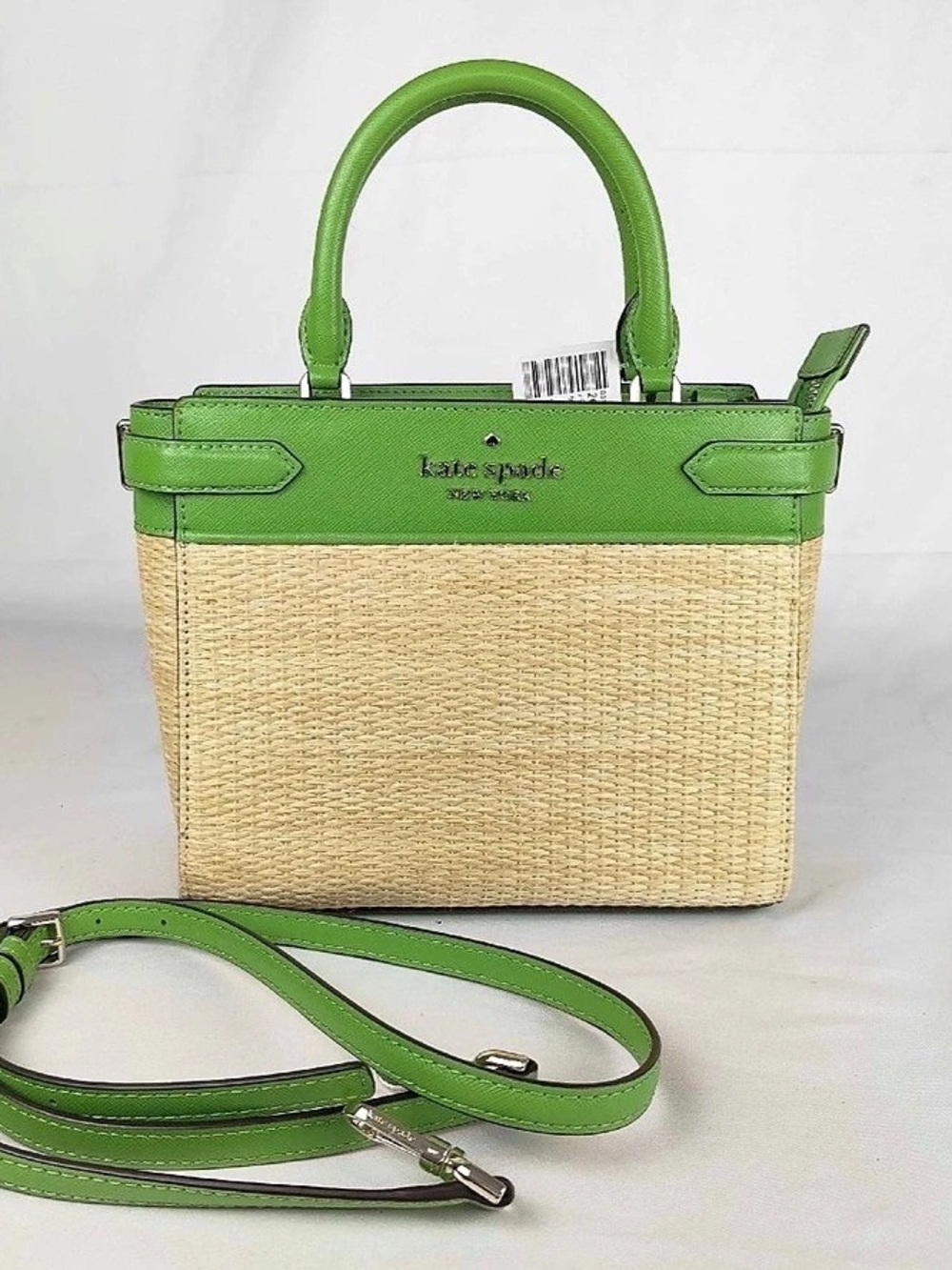 kate spade Staci Straw Small Satchel Green & Beige Woven Tote